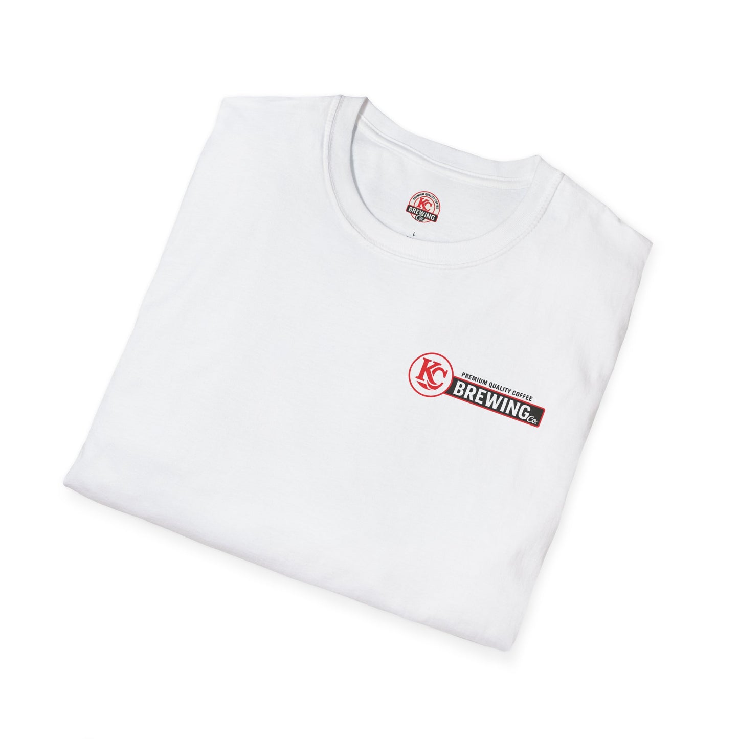 White KC Brewing Co t-shirt with red and black logo folded on white background