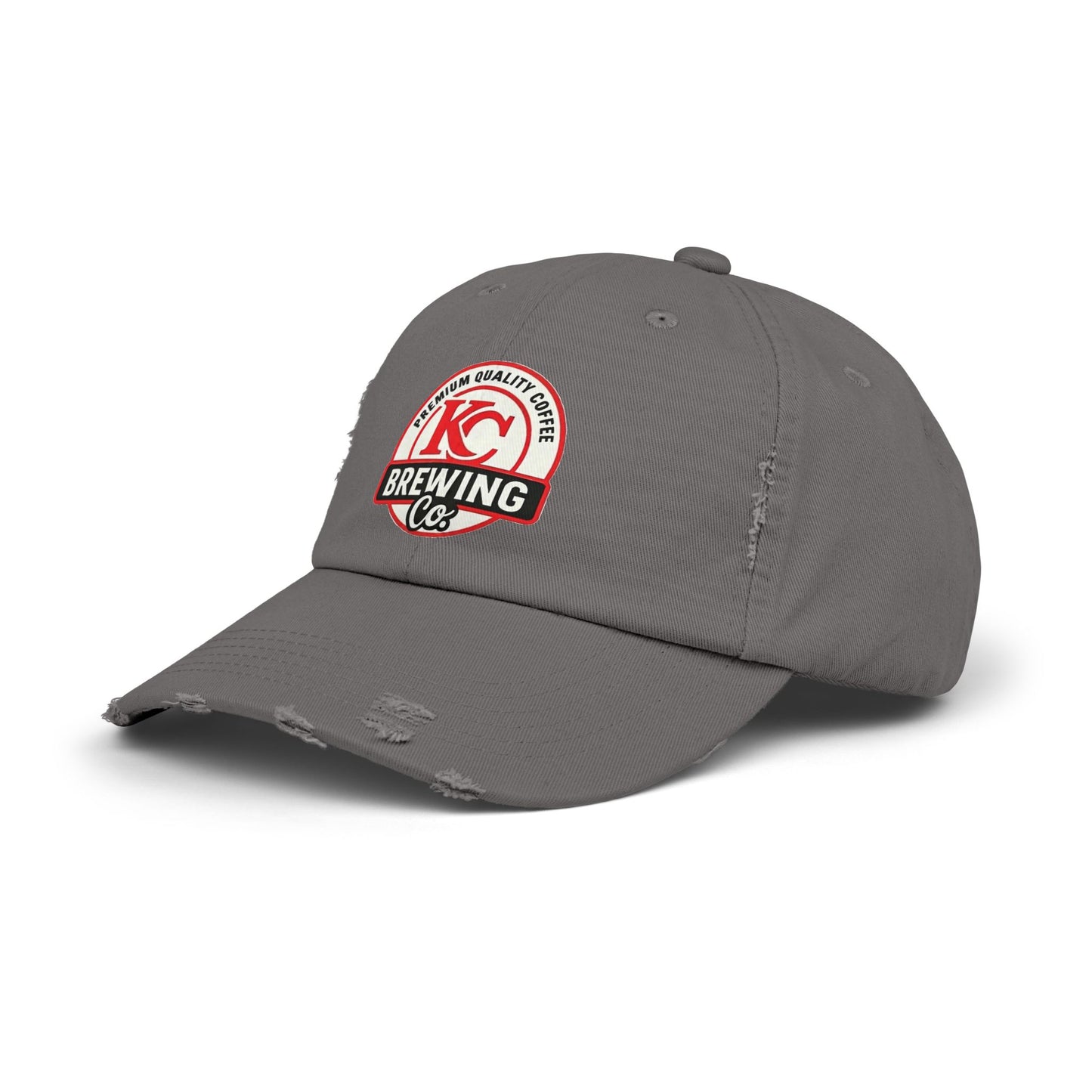 Gray cap with a red and white logo on a white background