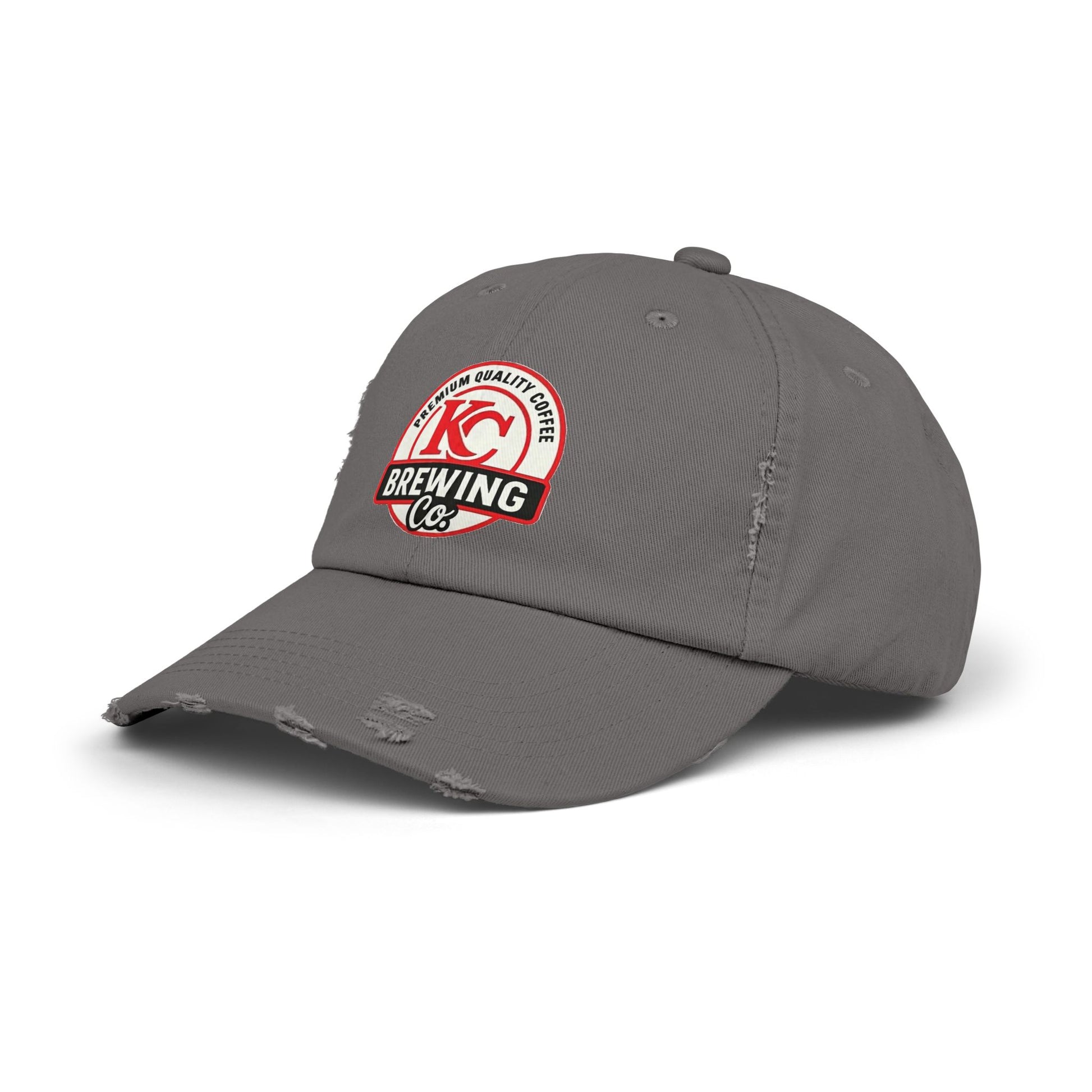 Gray cap with a red and white logo on a white background