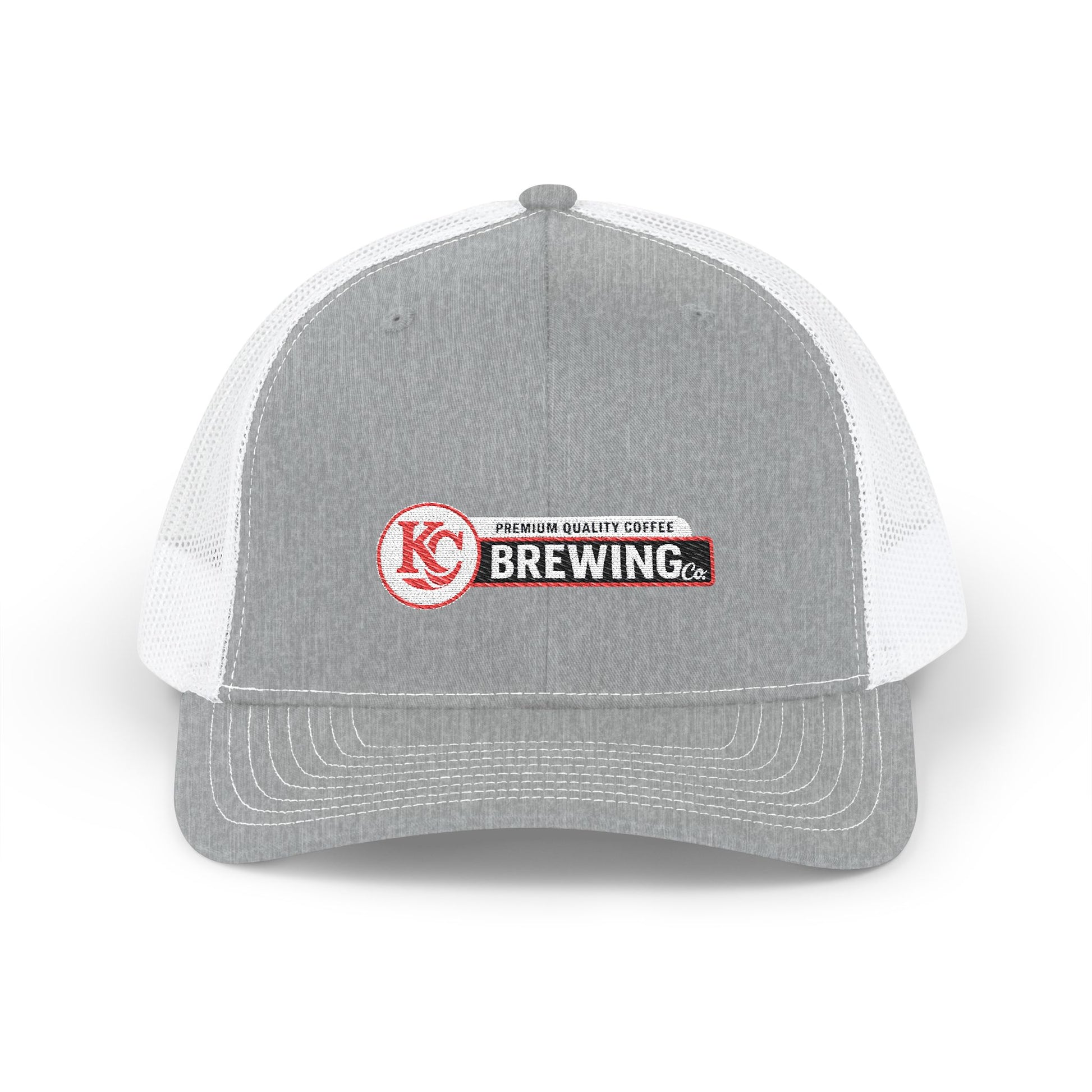 Gray and white cap with KC Brewing logo on a white background