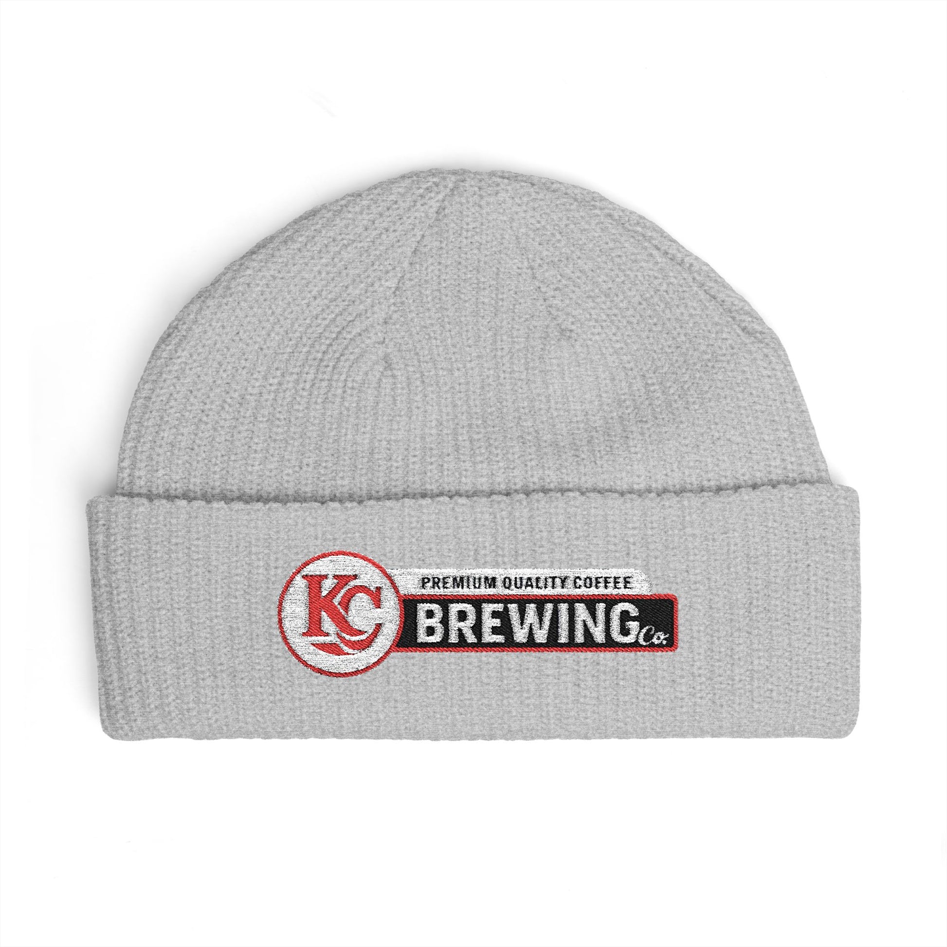 Gray beanie with KC Brewing Co logo on a white background