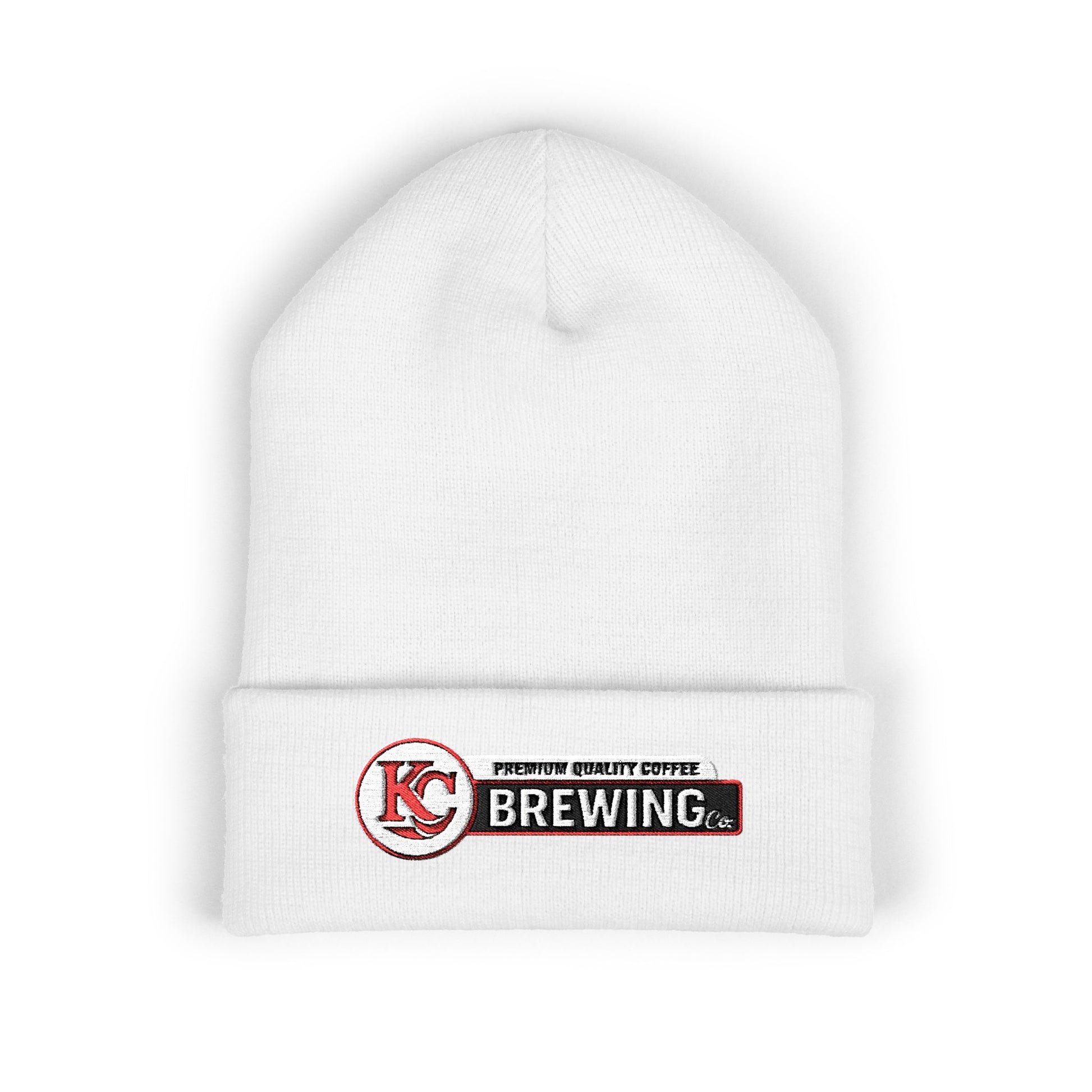 White beanie with KC Brewing logo on a white background