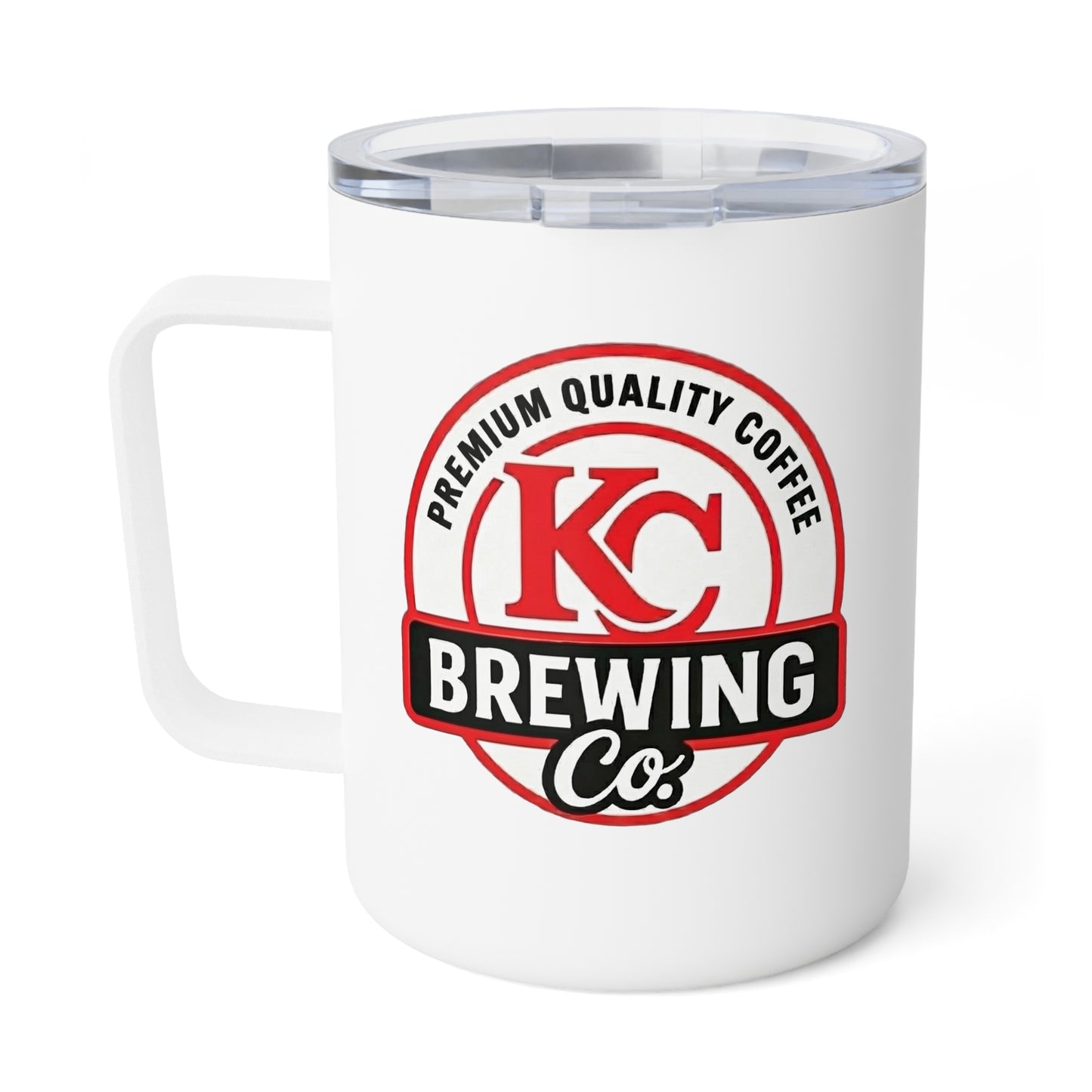 White coffee mug with clear lid featuring KC Brewing Co premium quality coffee logo