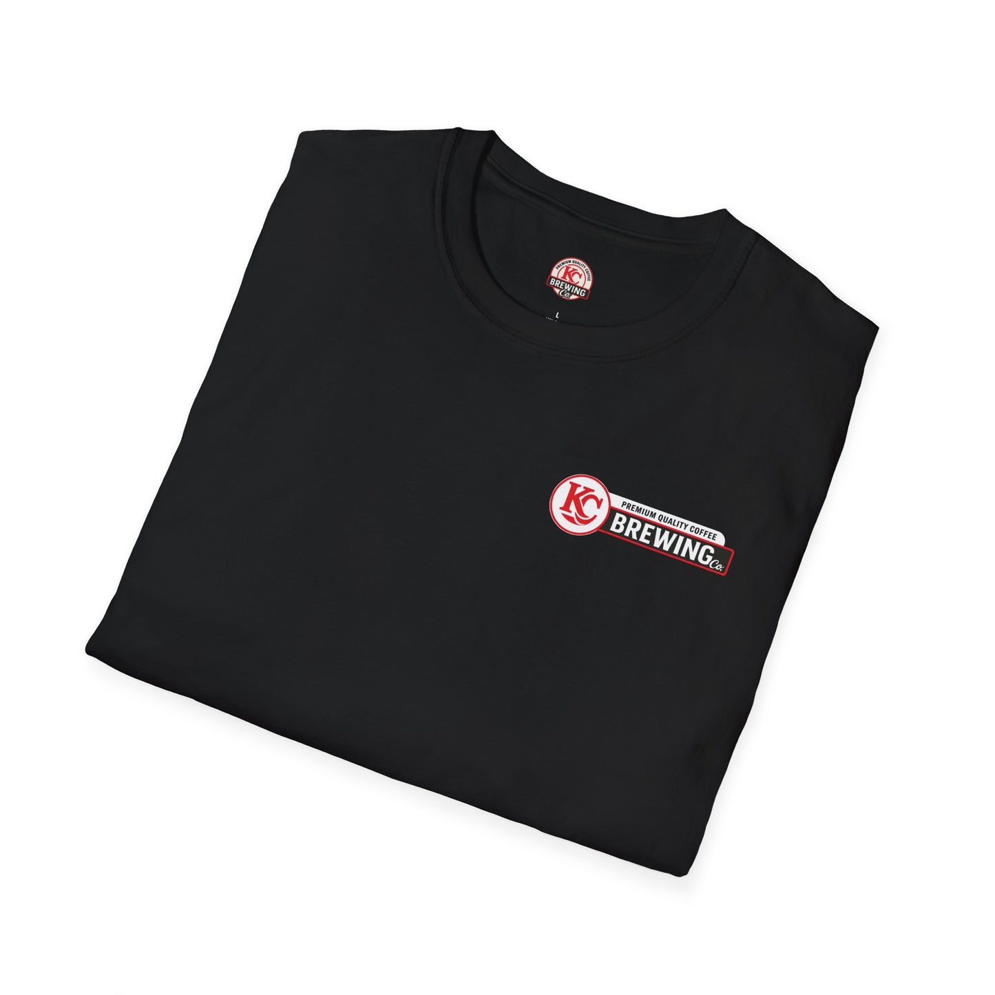 Black folded t-shirt with KC Brewing Co logo in red and white on front chest and inside collar