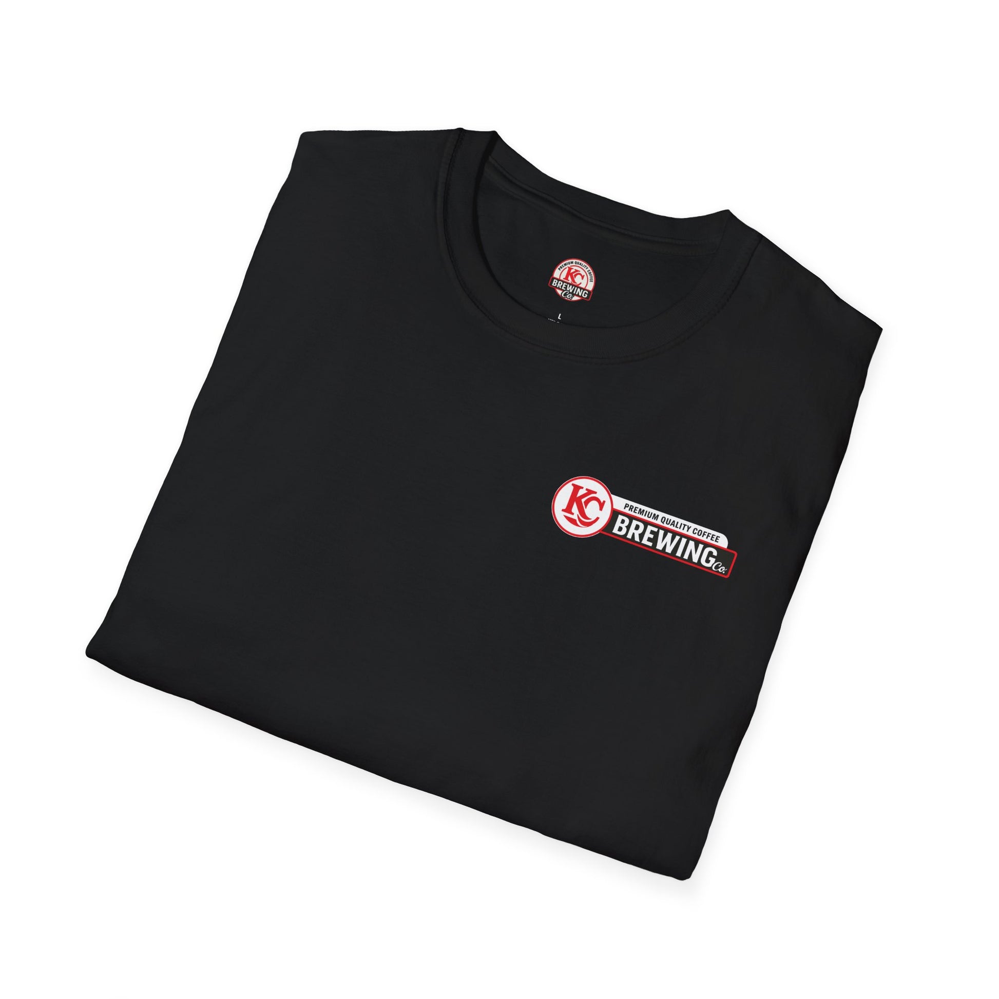 Black folded t-shirt with KC Brewing Co logo in red and white on front chest and inside collar