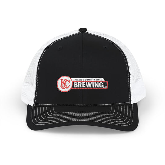 Black and white cap with KC Brewing logo on a white background