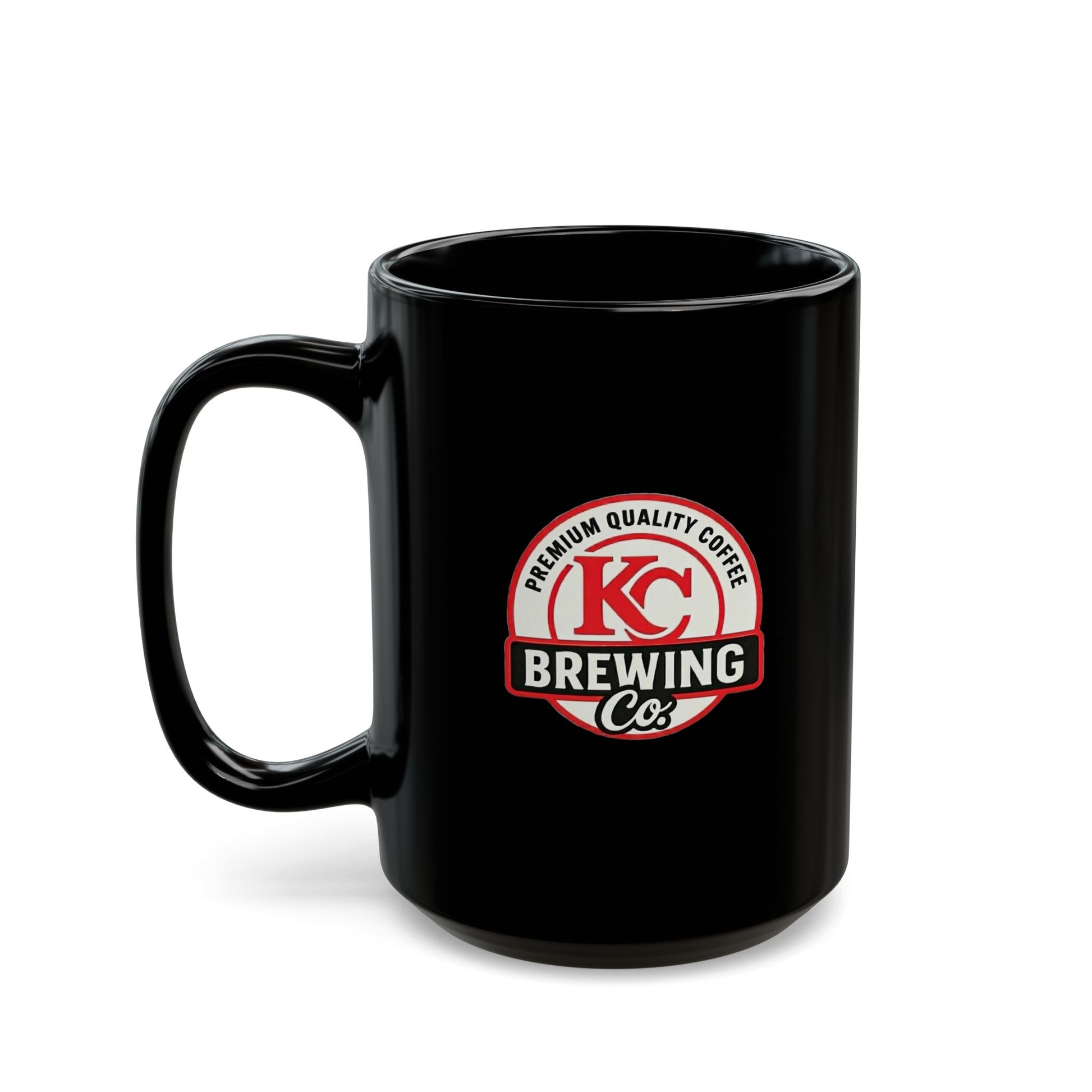 Black ceramic coffee mug with KC Brewing Co premium quality coffee logo
