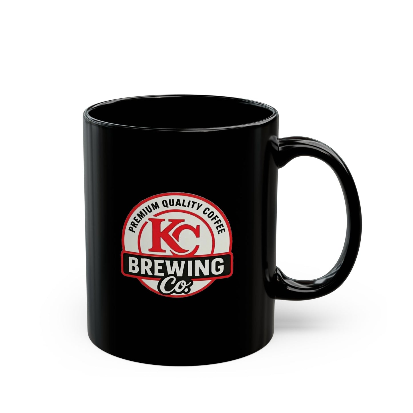 Black coffee mug with KC Brewing Co logo featuring premium quality coffee text