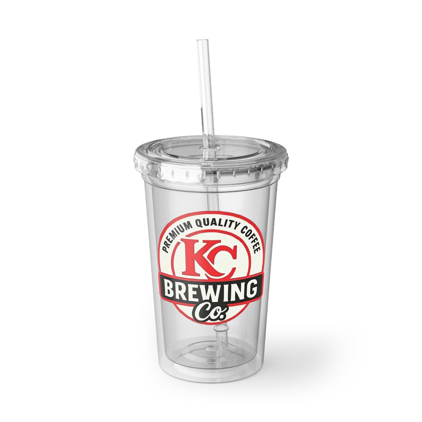 Clear KC Brewing Co reusable plastic cup with lid and straw, featuring premium quality coffee logo