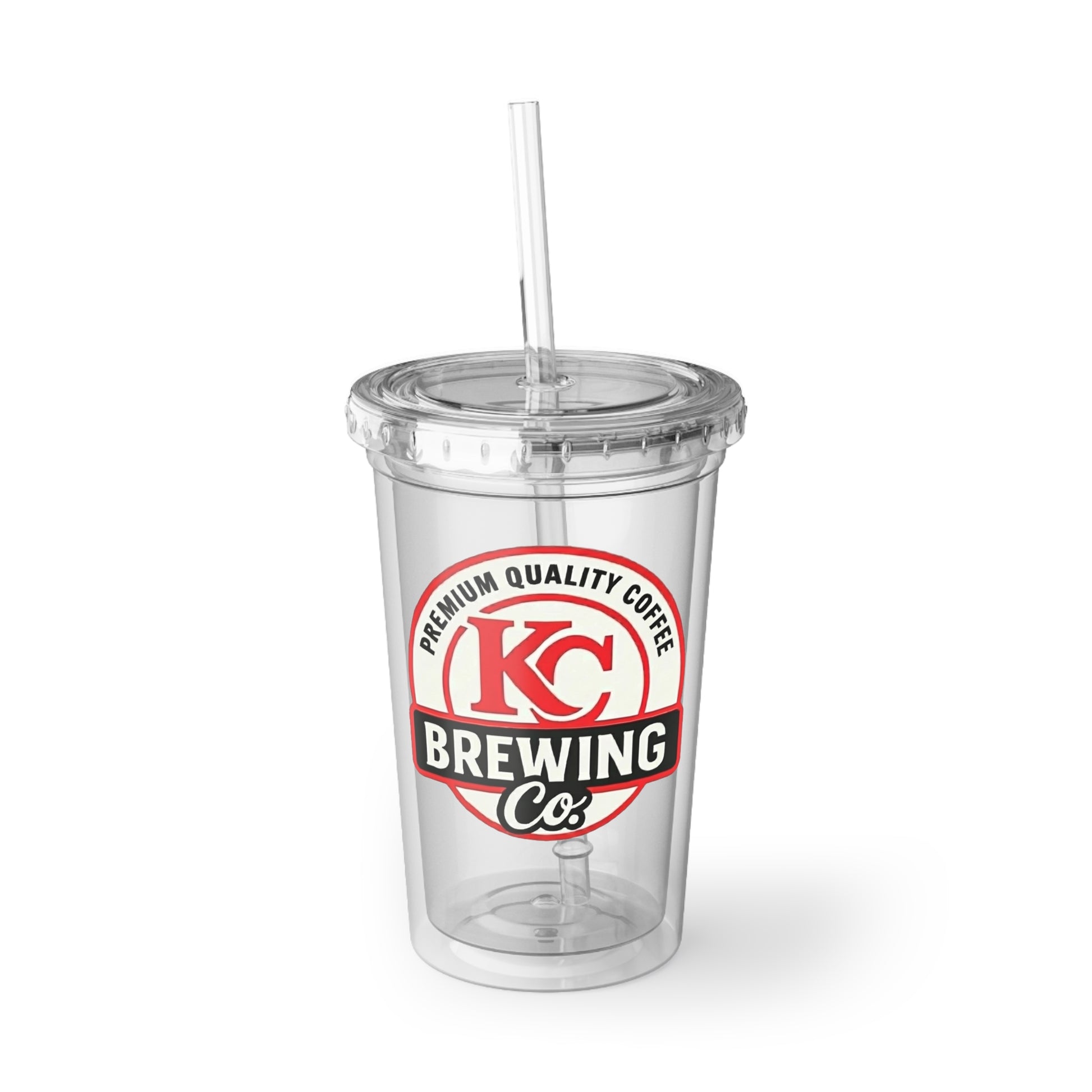 Clear KC Brewing Co reusable plastic cup with lid and straw, featuring premium quality coffee logo