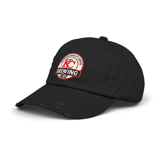 Black cap with a red and white logo on a white background
