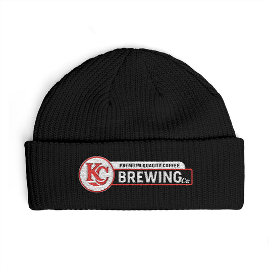 Black beanie with KC Brewing logo on a white background