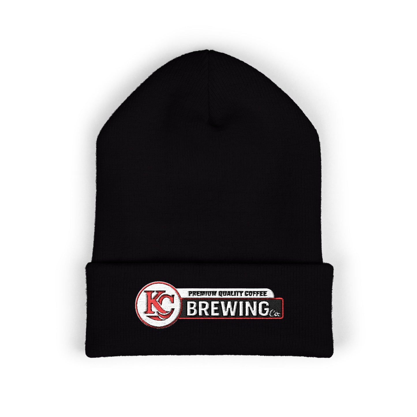 Black beanie with KC Brewing logo on a white background