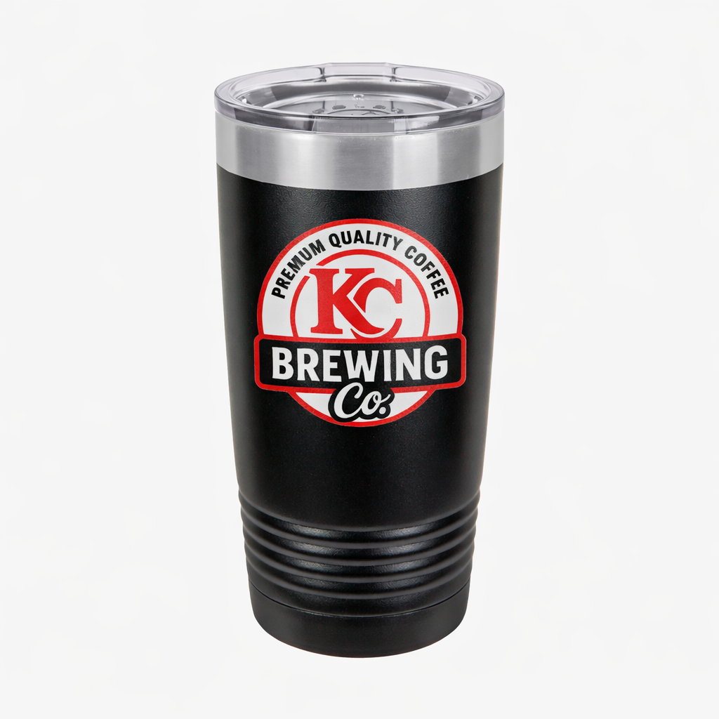 Black KC Brewing Co insulated coffee tumbler with clear lid and premium quality coffee logo
