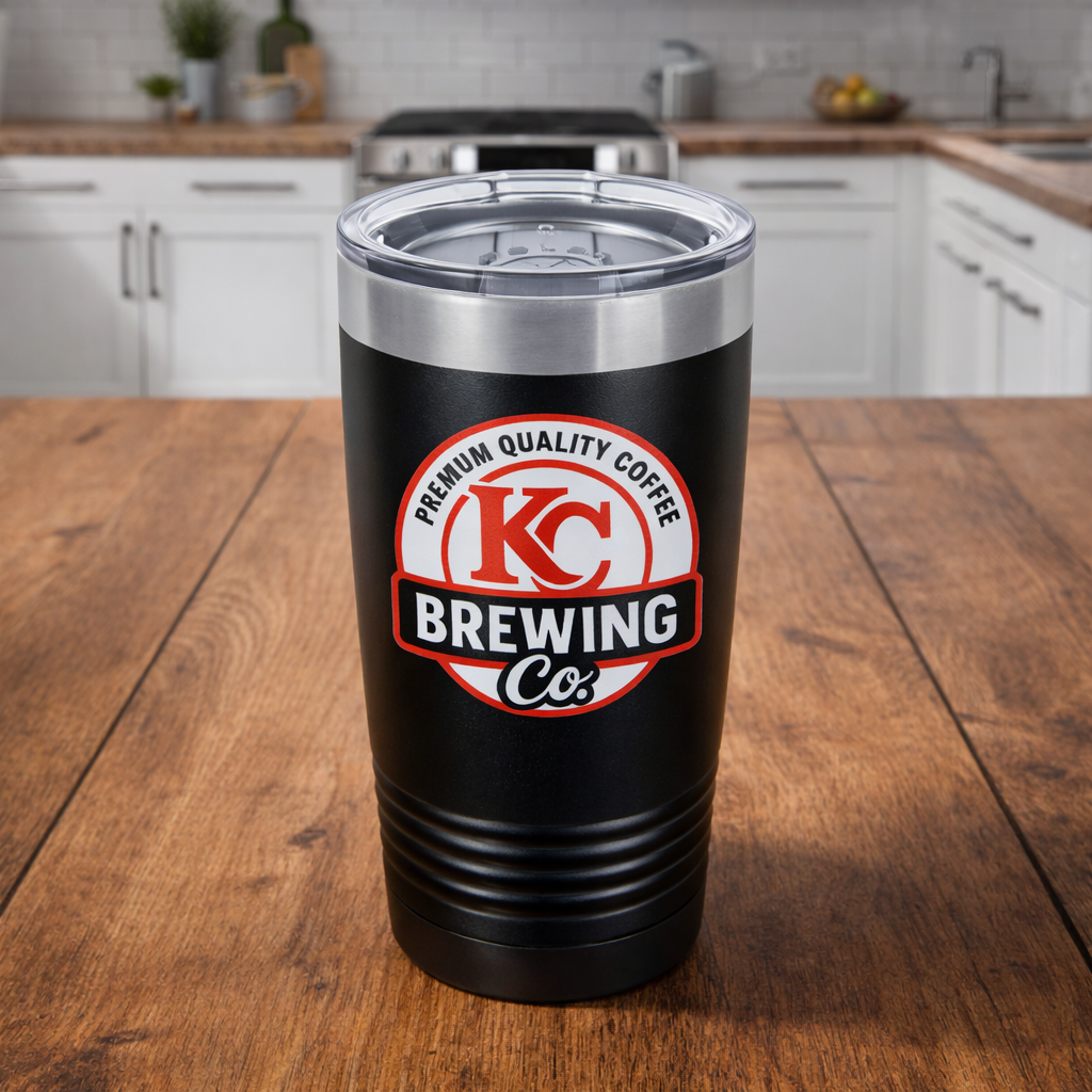 Black KC Brewing Co insulated coffee tumbler on wooden kitchen table with stainless steel lid