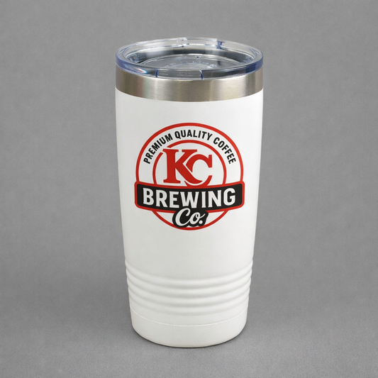 White insulated tumbler with clear lid featuring KC Brewing Co logo and premium quality coffee text