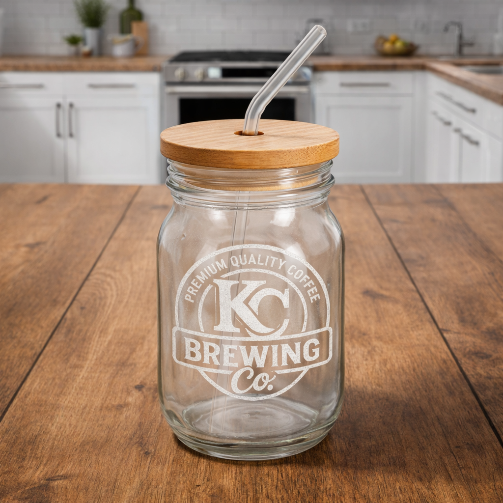 Clear glass mason jar with wooden lid and glass straw on wooden table in modern kitchen, KC Brewing Co logo