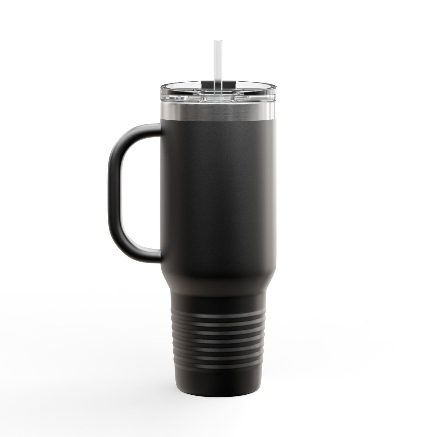 Black insulated travel mug with handle, clear lid, and straw on white background