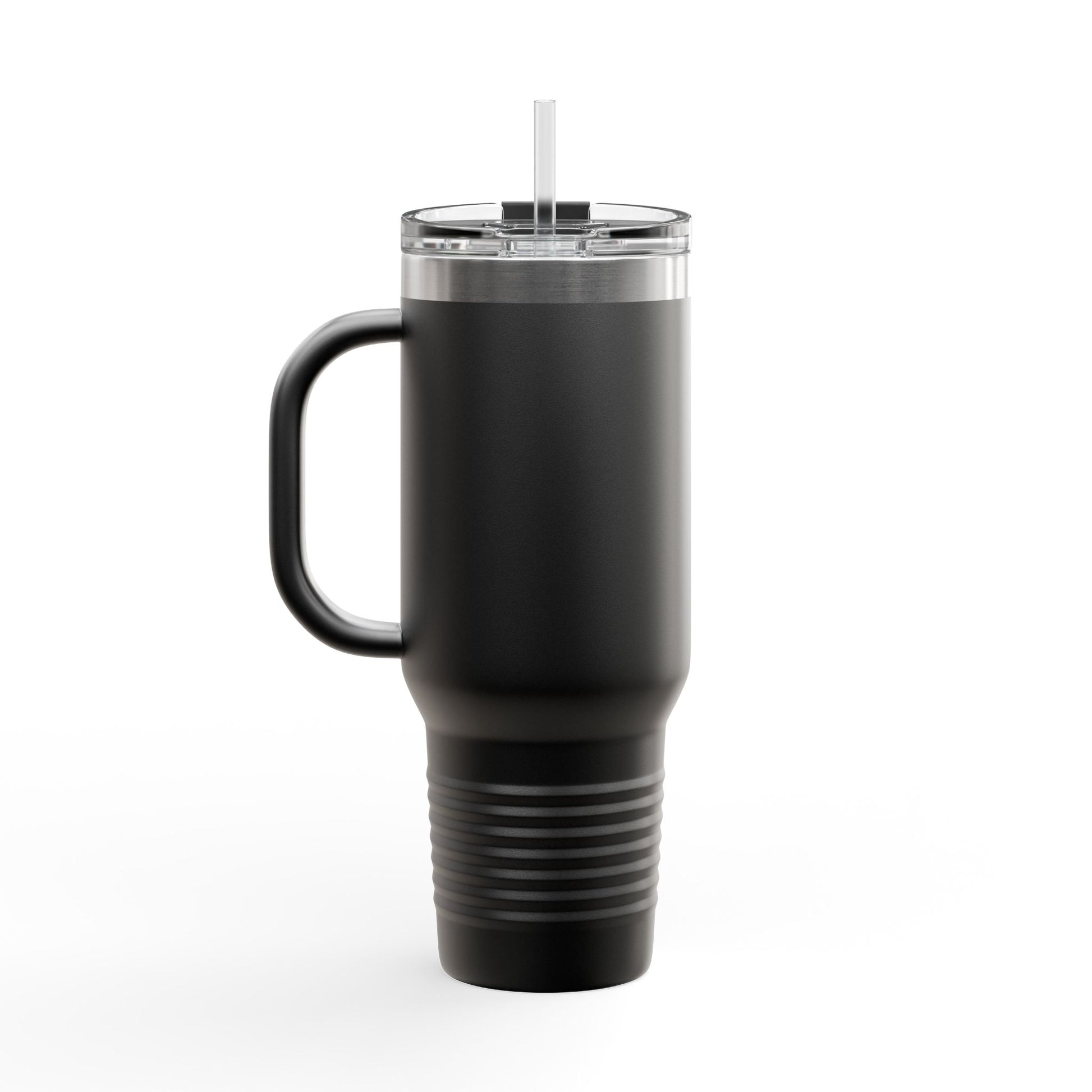 Black insulated travel mug with handle, clear lid, and straw on white background