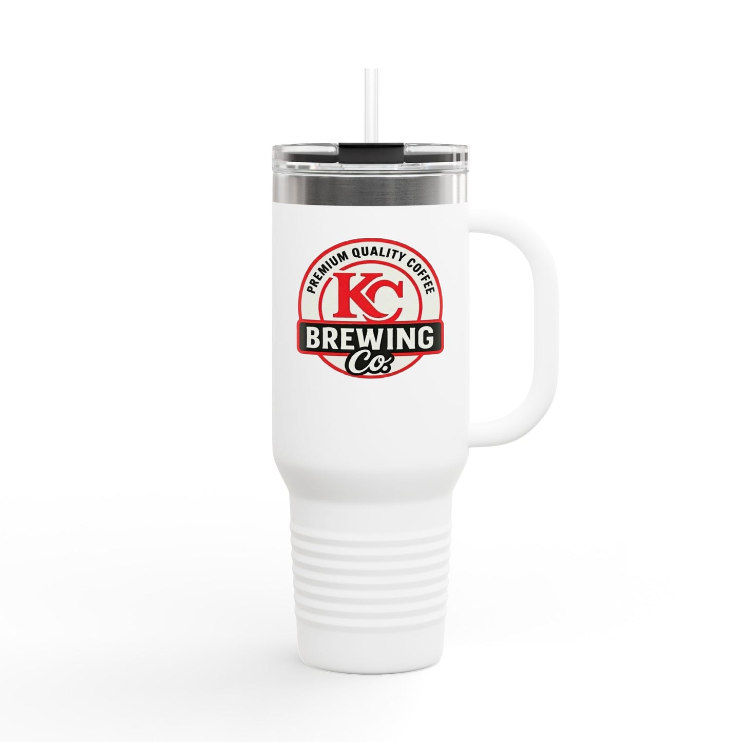 White travel coffee mug with handle and straw lid featuring KC Brewing Co logo