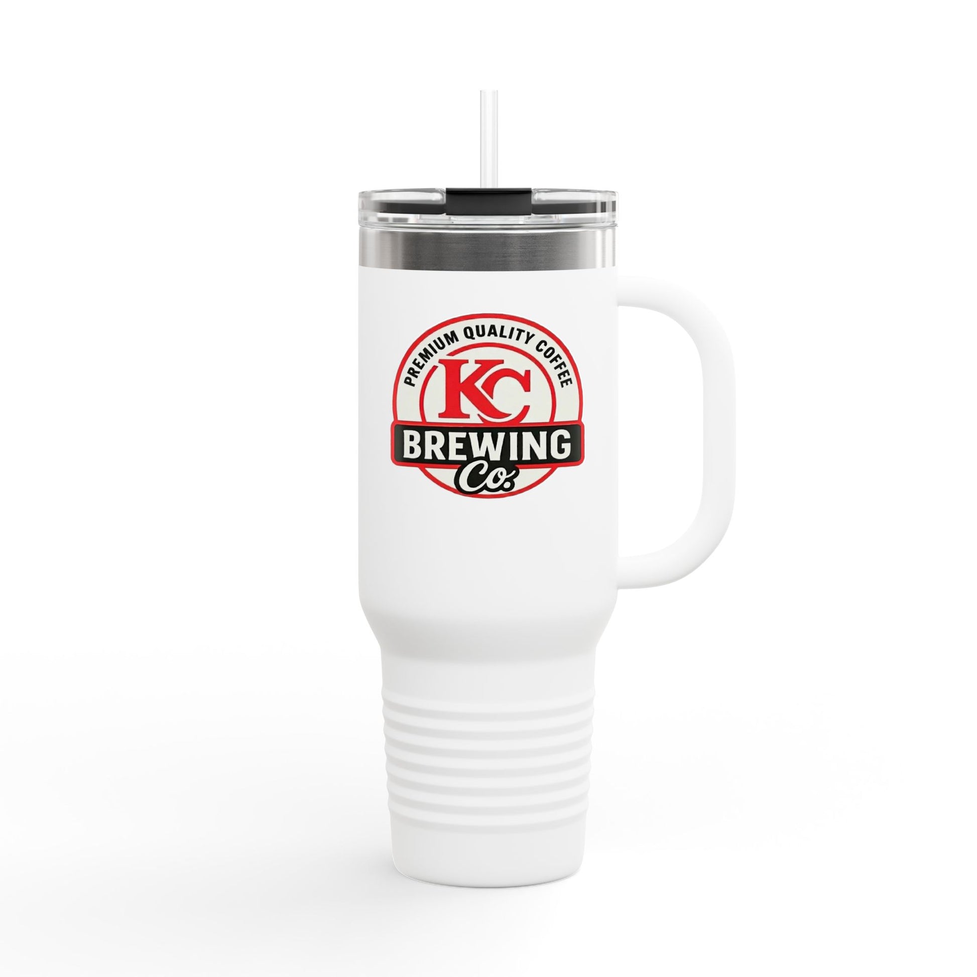 White travel coffee mug with handle and straw lid featuring KC Brewing Co logo