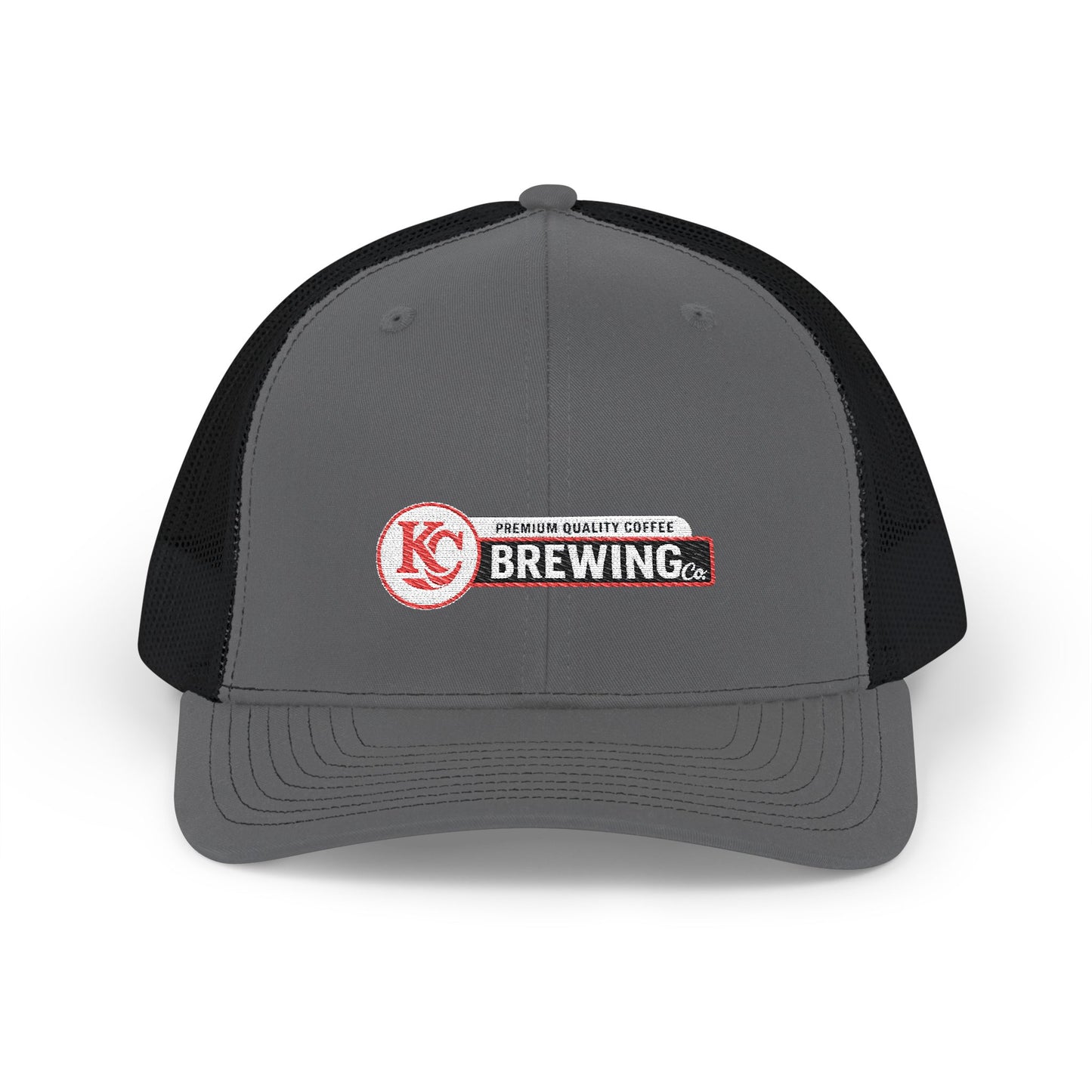 Gray and black trucker hat with KC Brewing logo on a white background