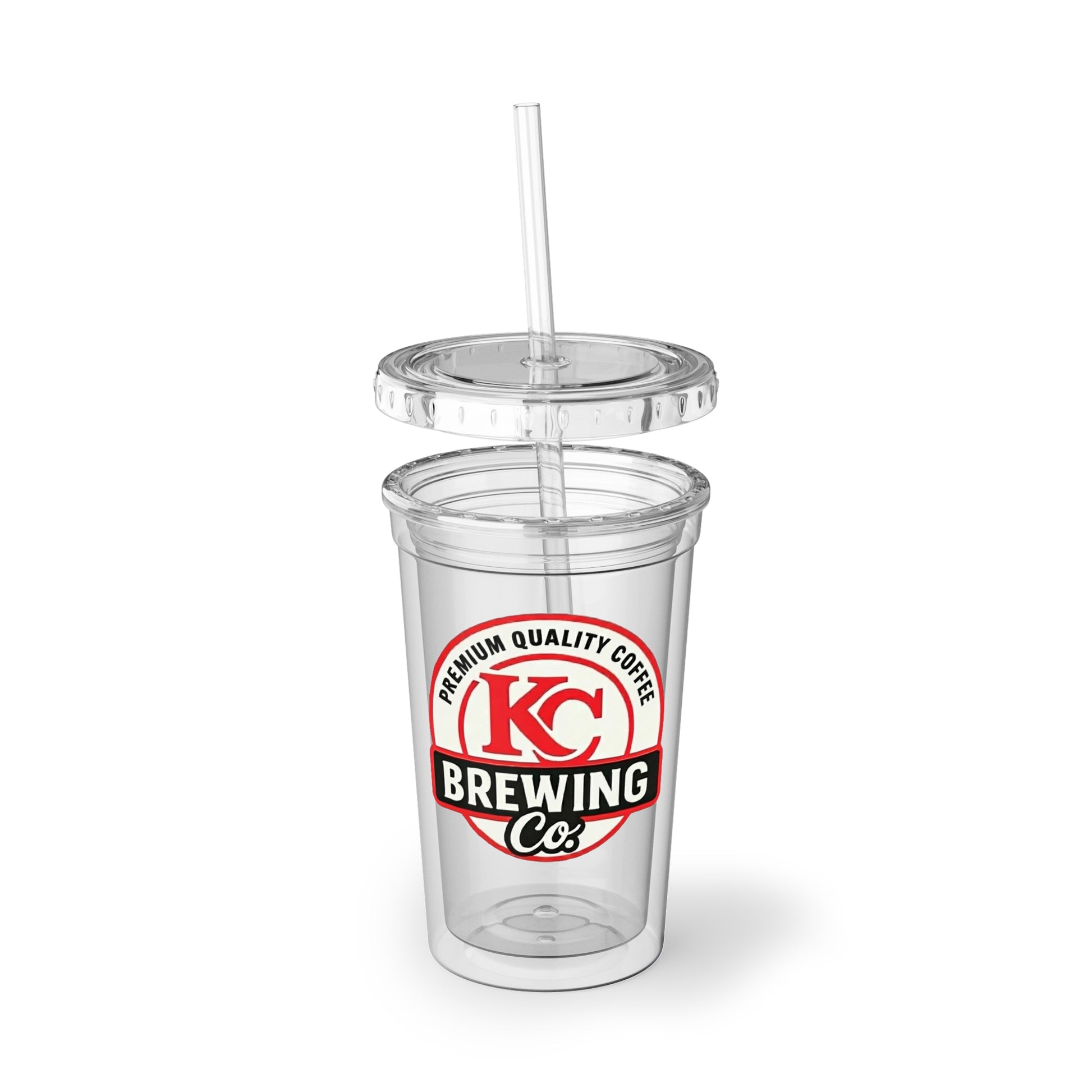 Clear plastic cup with lid and straw featuring KC Brewing Co premium quality coffee logo