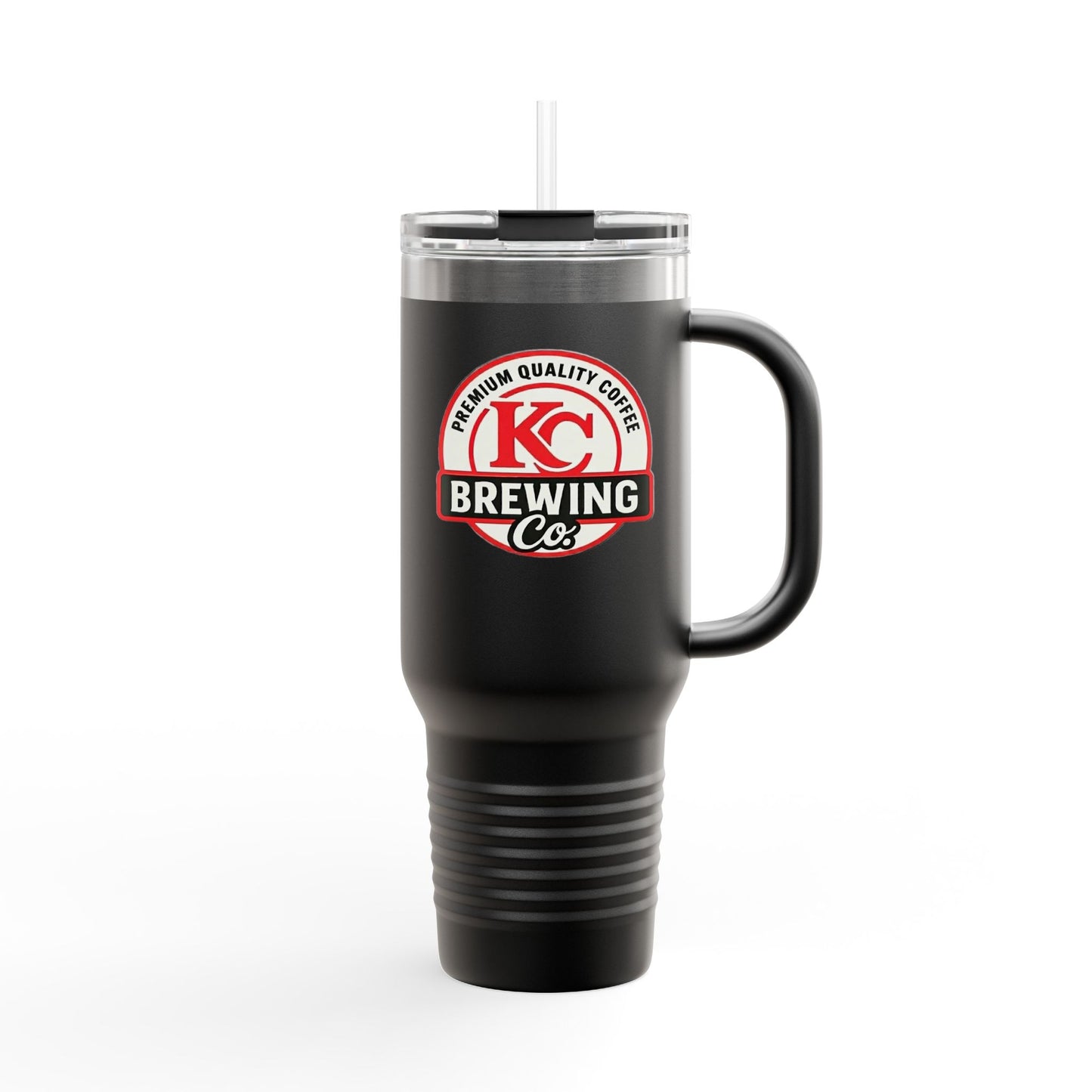 Black insulated travel mug with handle and straw featuring KC Brewing Co logo and premium quality coffee text