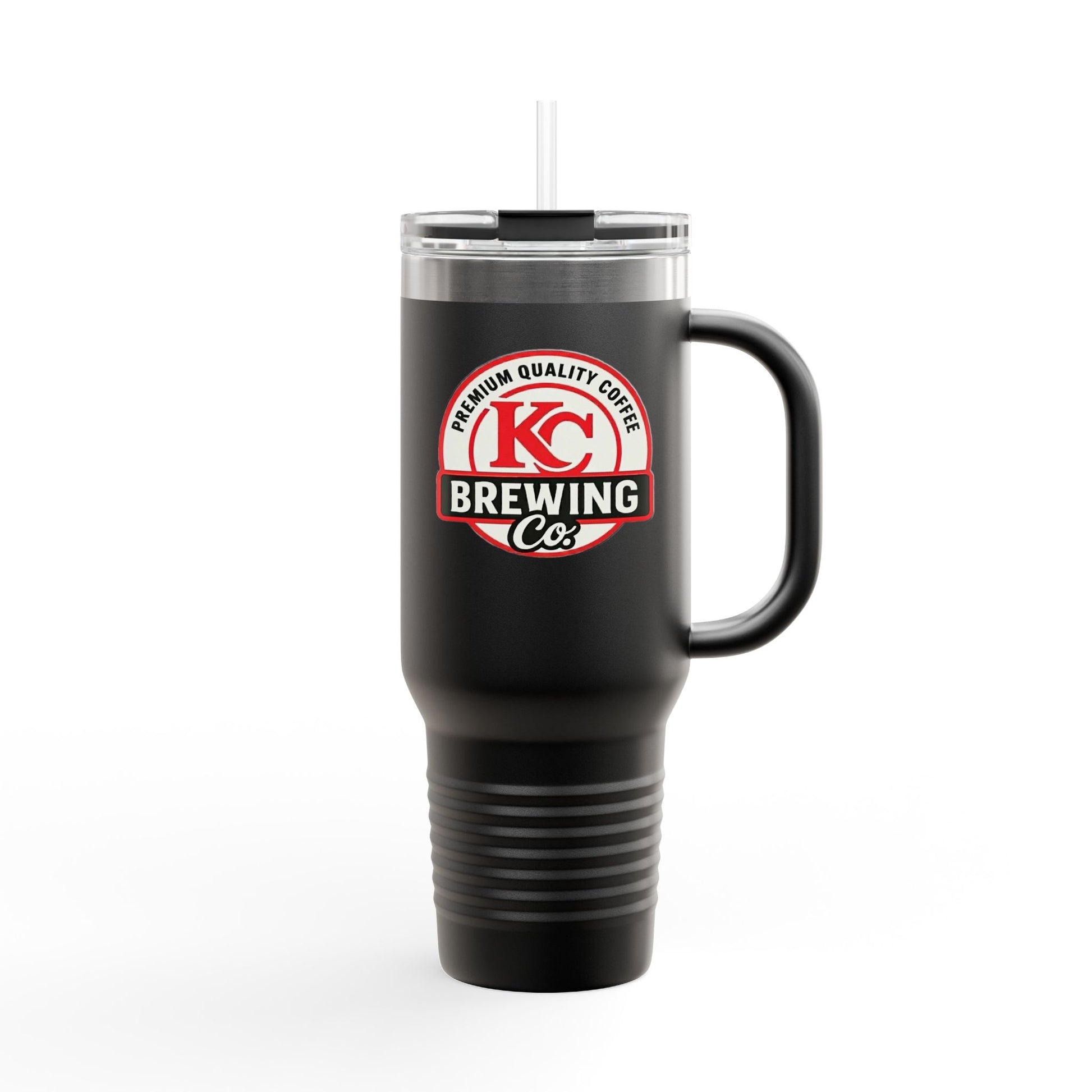 Black insulated travel mug with handle and straw featuring KC Brewing Co logo and premium quality coffee text