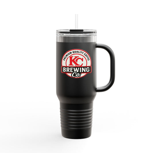 Black insulated travel mug with handle and straw featuring KC Brewing Co logo and premium quality coffee text