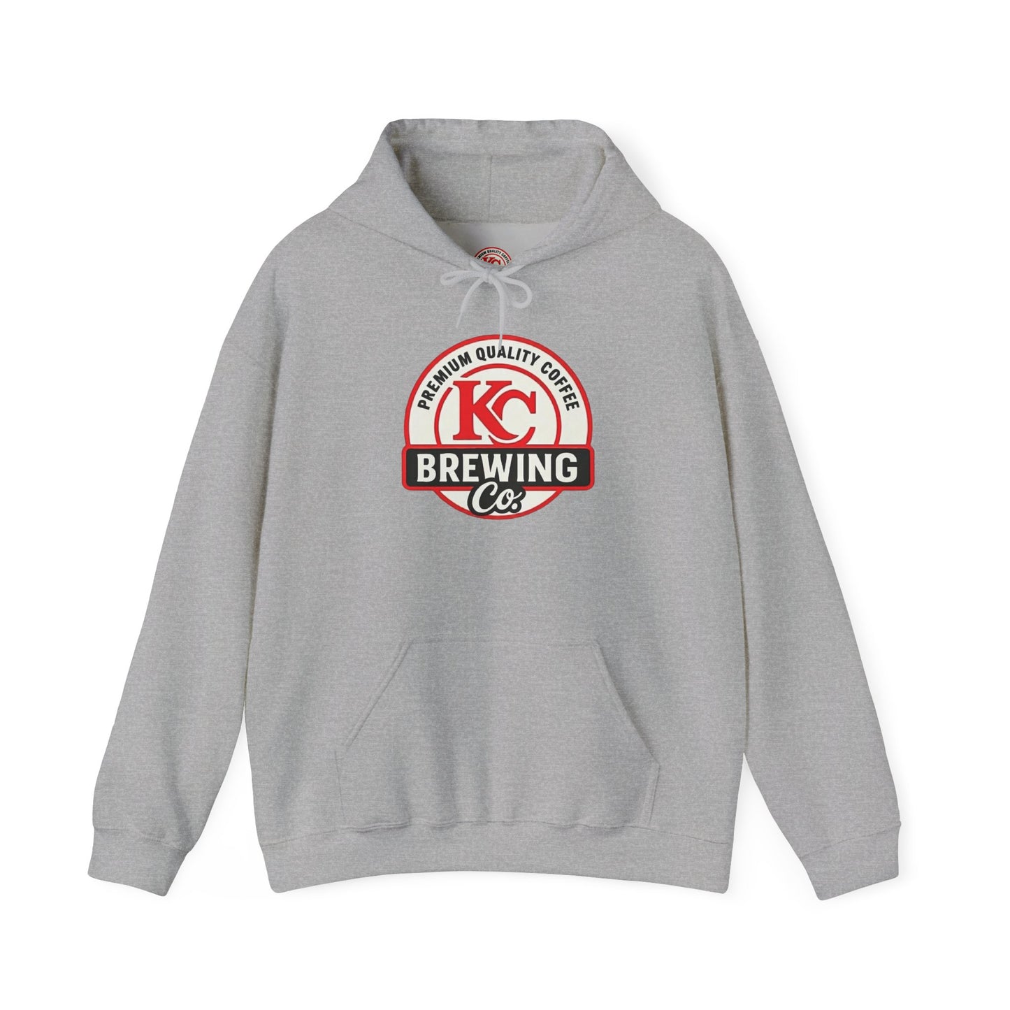 Gray hoodie with KC Brewing Co premium quality coffee logo on the front