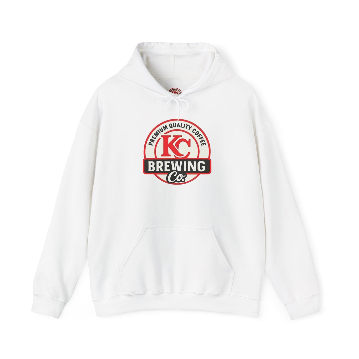 White hoodie with KC Brewing Co premium quality coffee logo printed in red and black