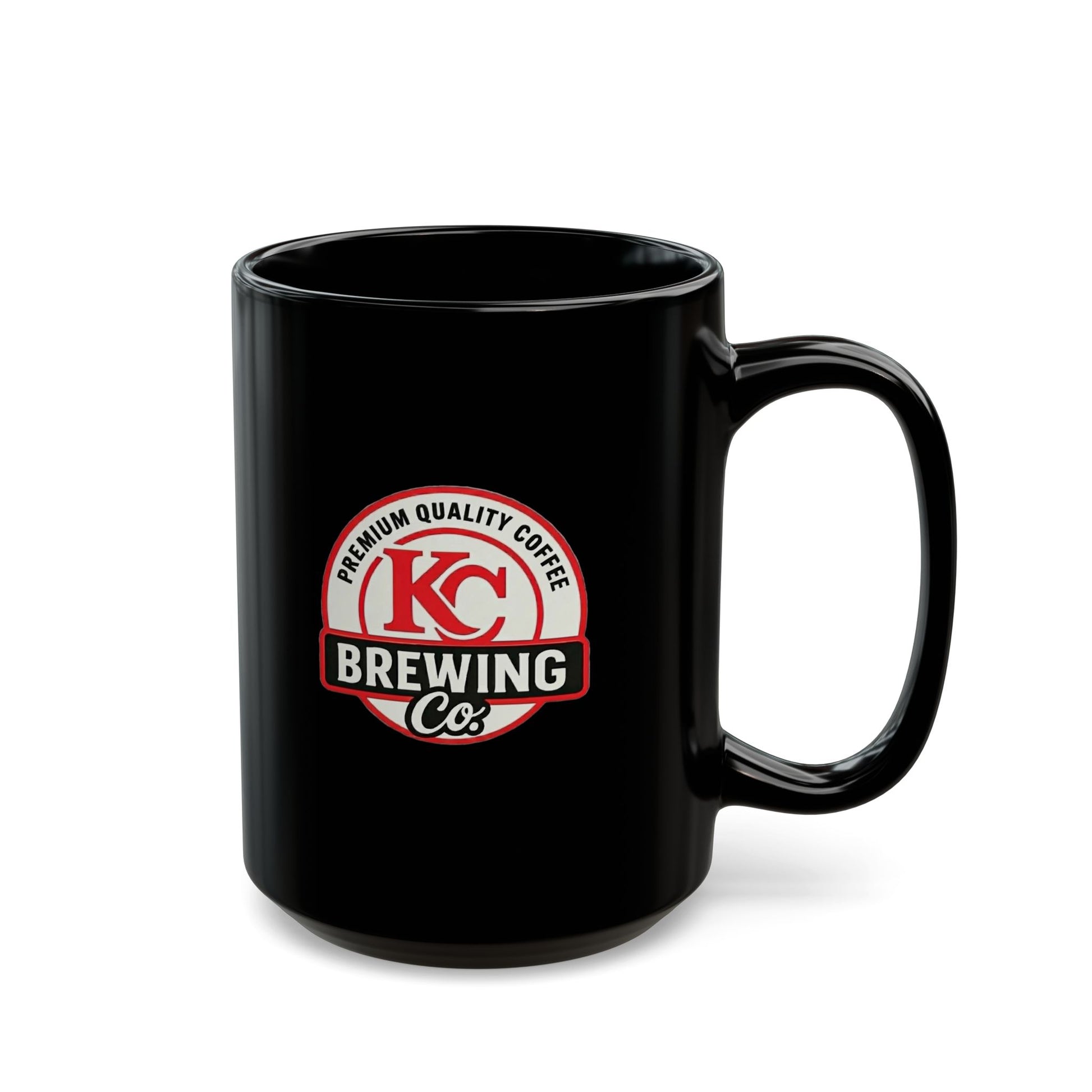 Black ceramic coffee mug with KC Brewing Co logo and premium quality coffee text