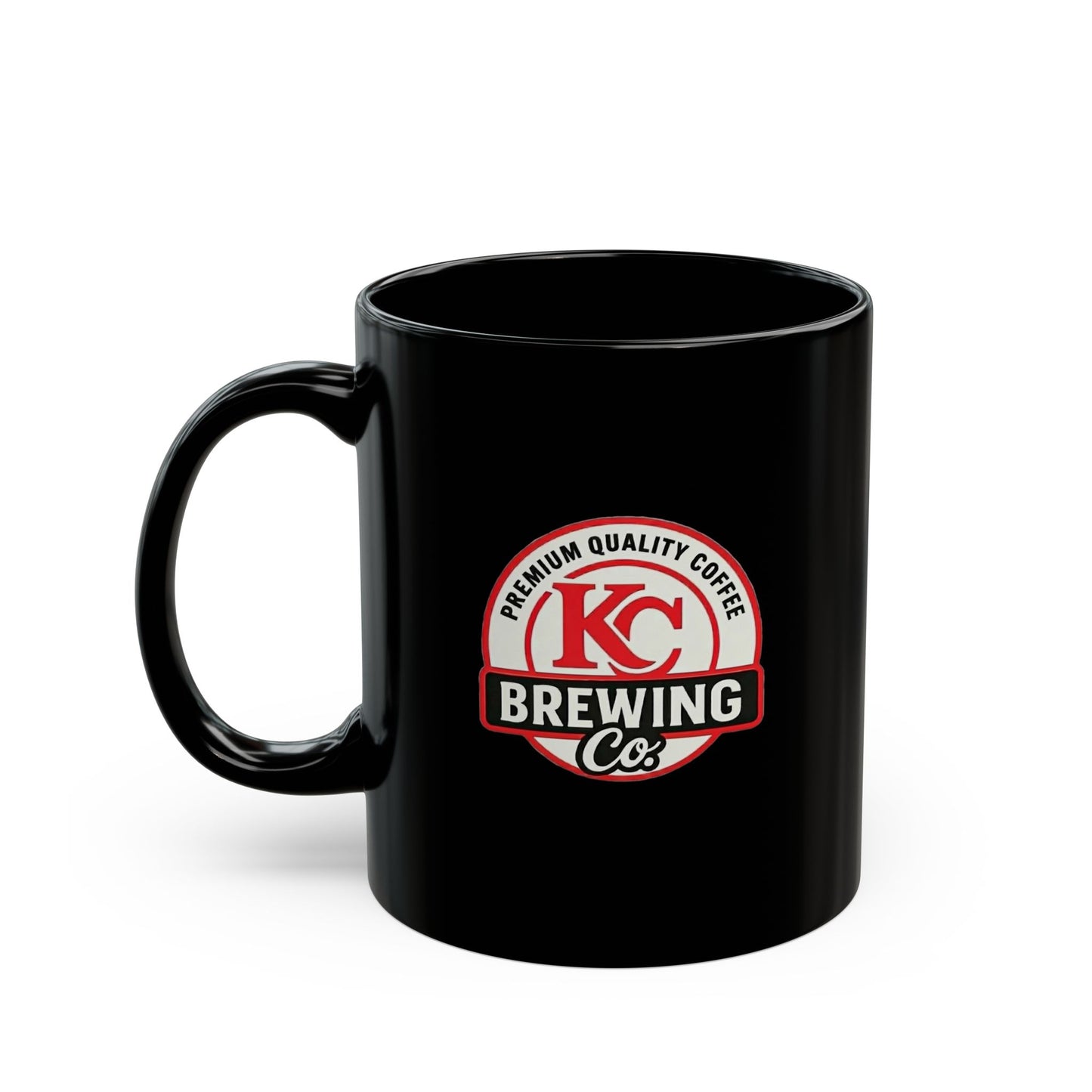 Black coffee mug with KC Brewing Co logo and premium quality coffee text