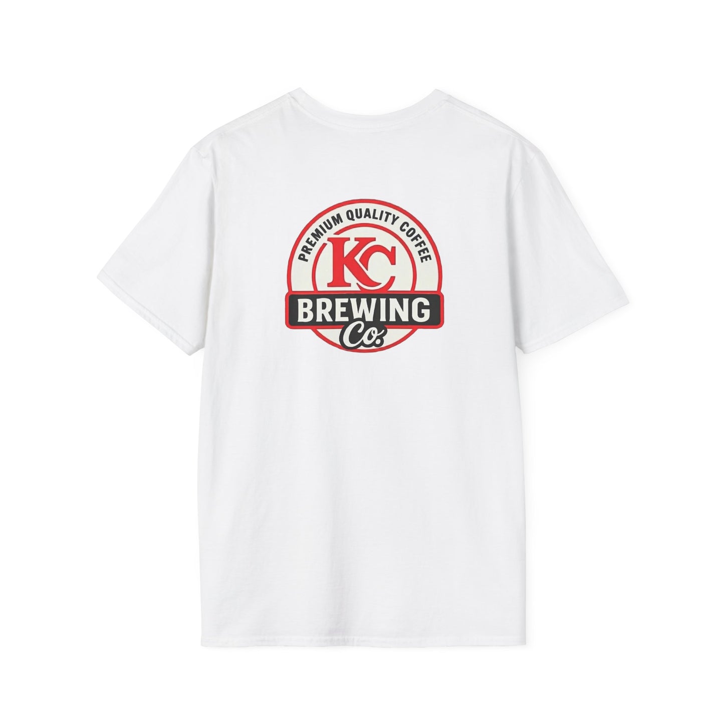 White t-shirt with KC Brewing Co premium quality coffee logo printed on the back