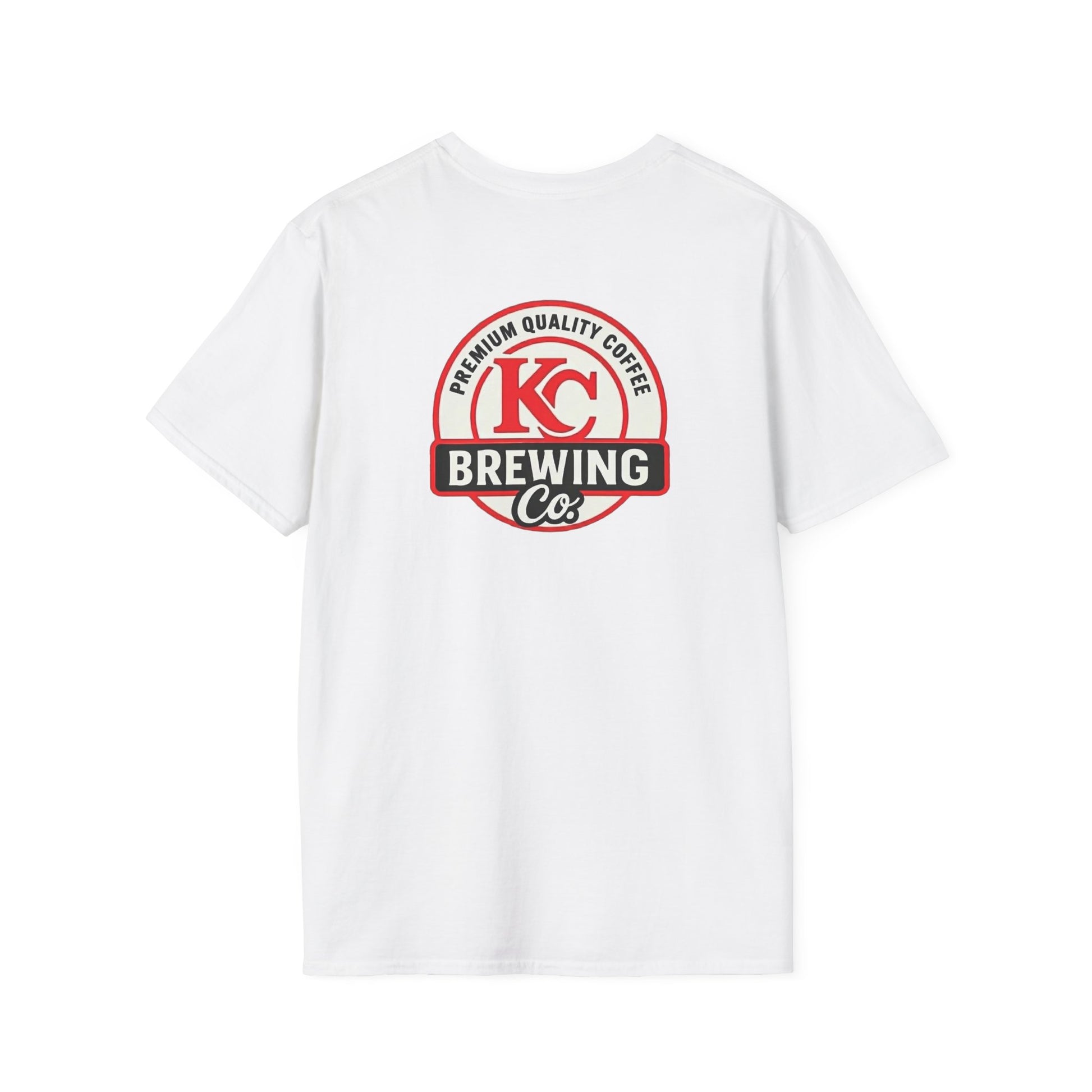 White t-shirt with KC Brewing Co premium quality coffee logo printed on the back