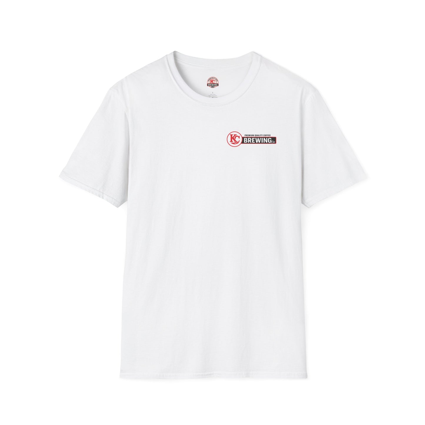 White KC Brewing Co branded t-shirt with red and black logo on chest