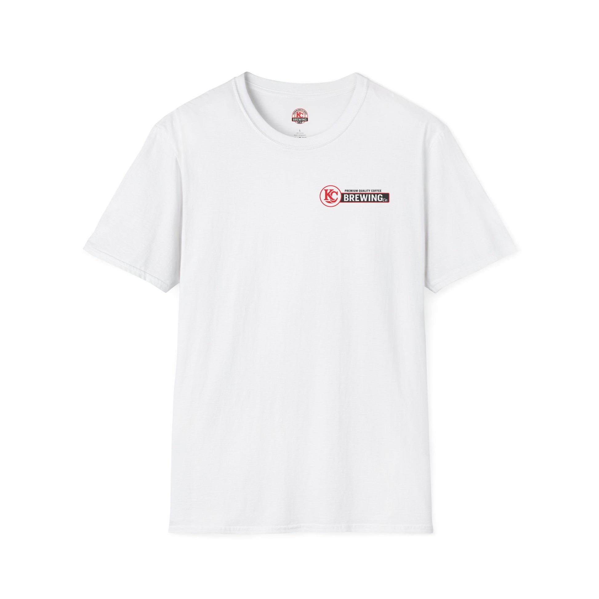 White KC Brewing Co branded t-shirt with red and black logo on chest
