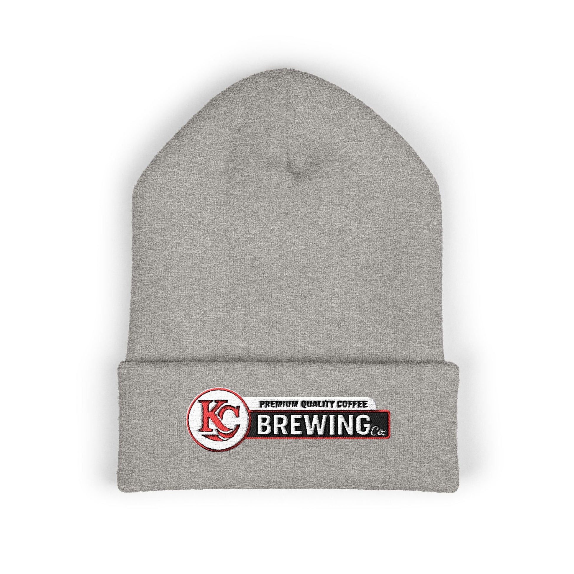 Gray beanie with KC Brewing logo on a white background