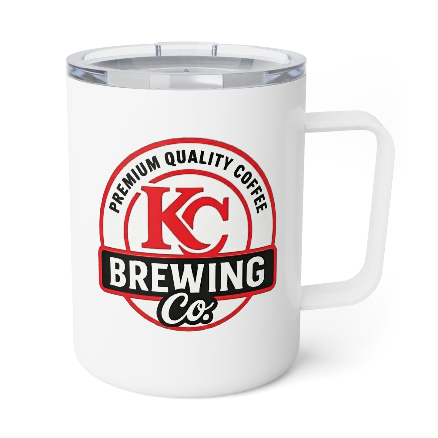 White travel coffee mug with clear lid and KC Brewing Co premium quality coffee logo