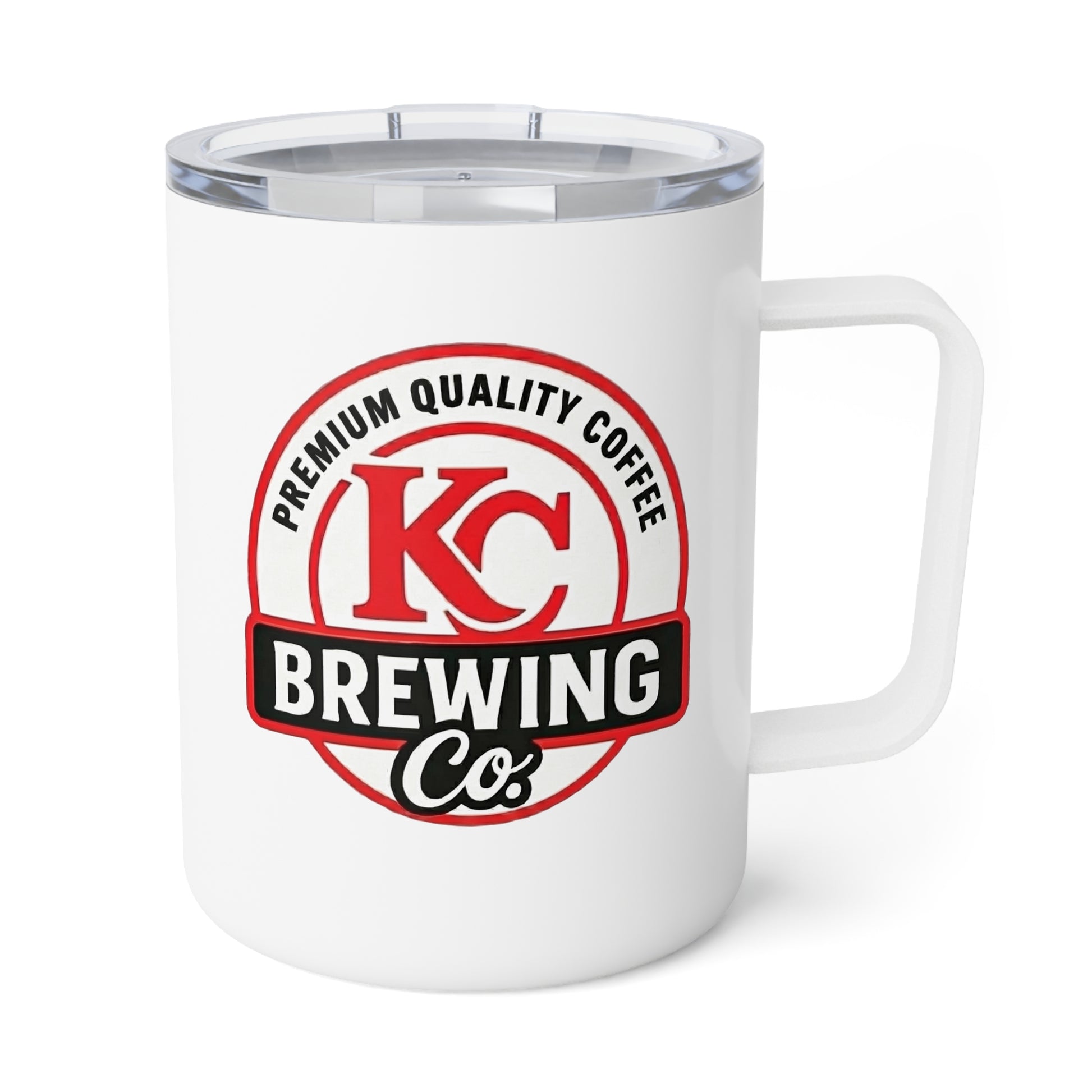 White travel coffee mug with clear lid and KC Brewing Co premium quality coffee logo