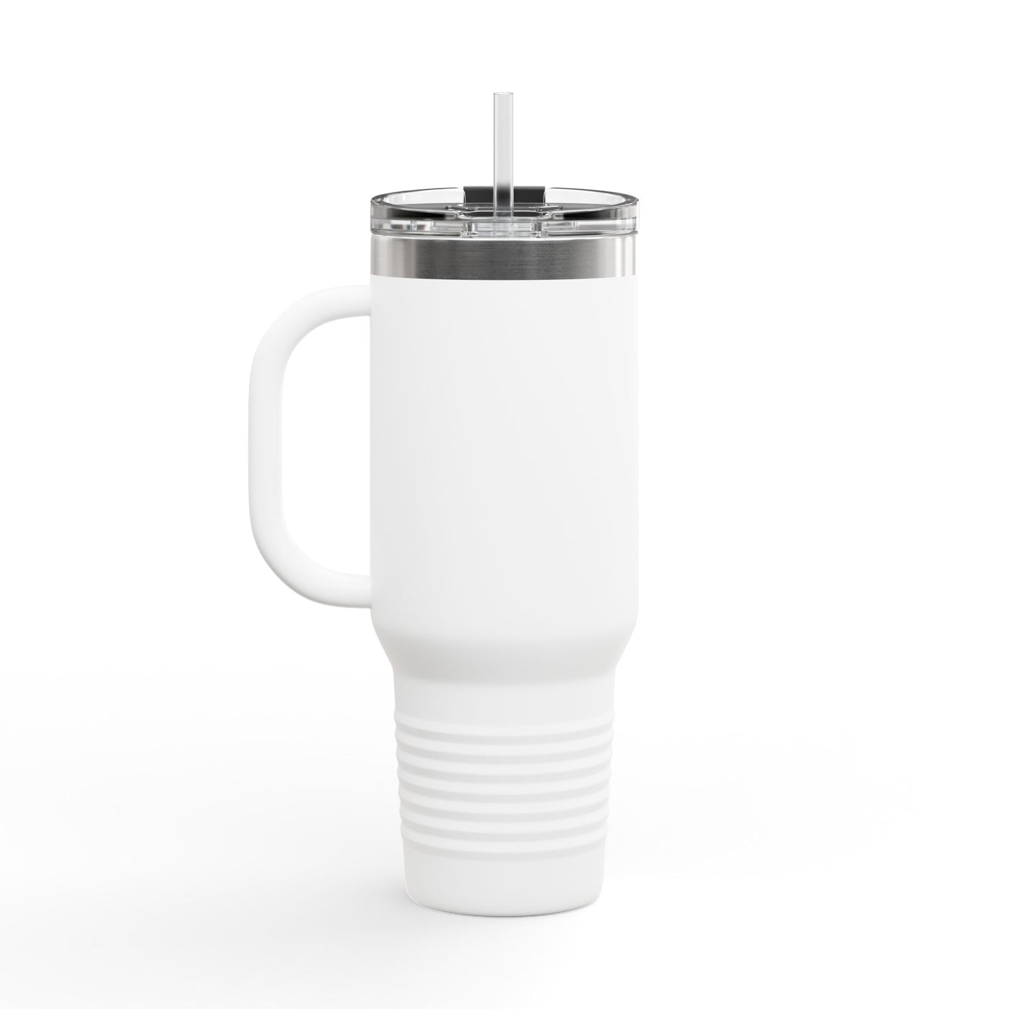 White insulated travel mug with handle, clear lid, and straw on white background
