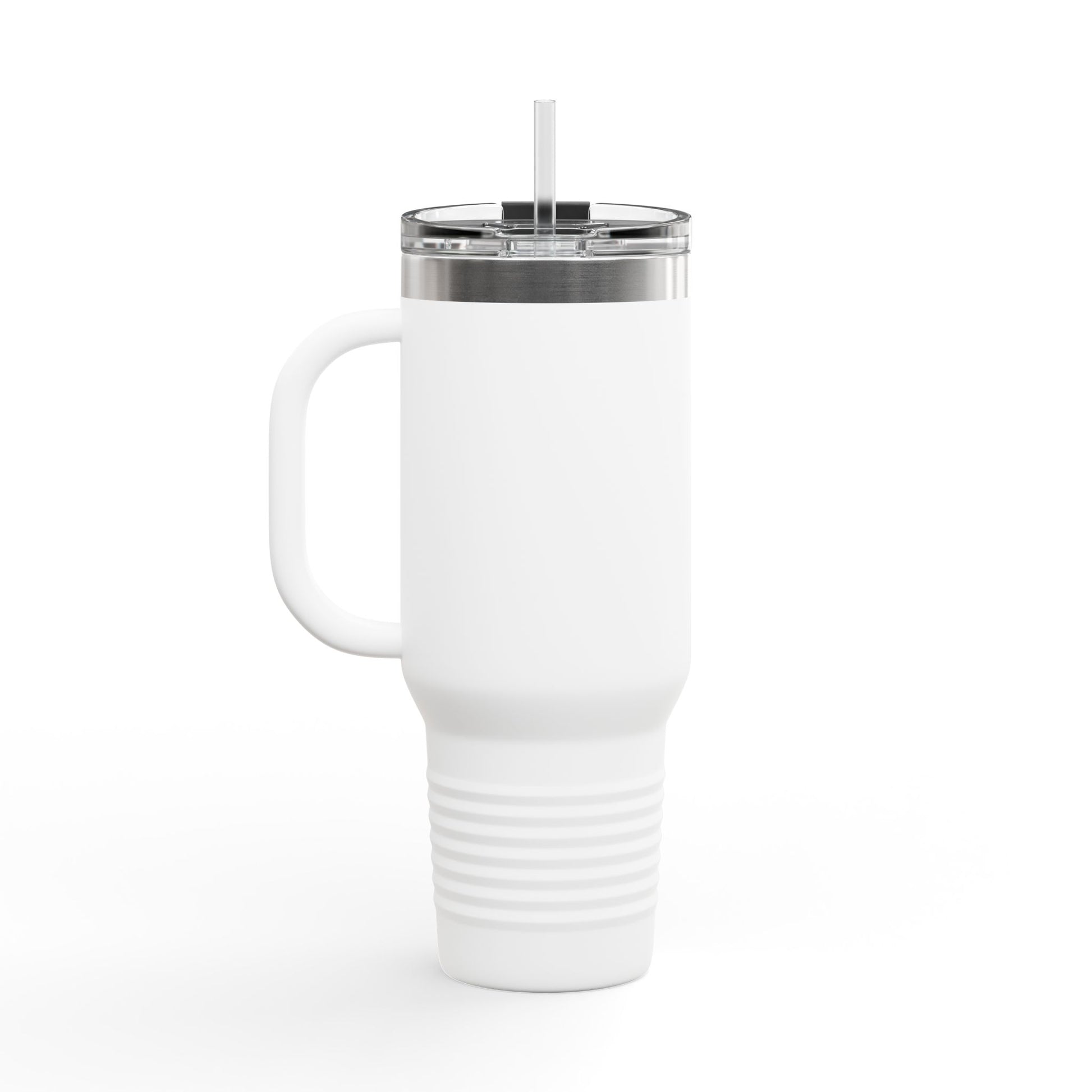 White insulated travel mug with handle, clear lid, and straw on white background