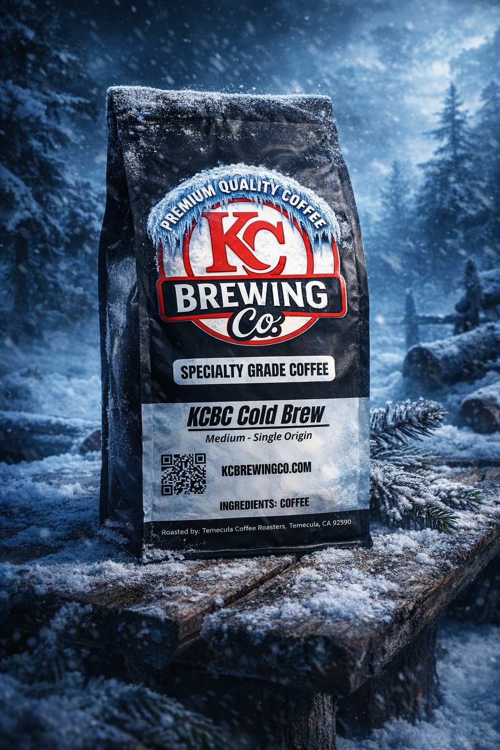 KC Brewing Co specialty grade cold brew coffee bag covered in frost on a snowy wooden table in a winter forest