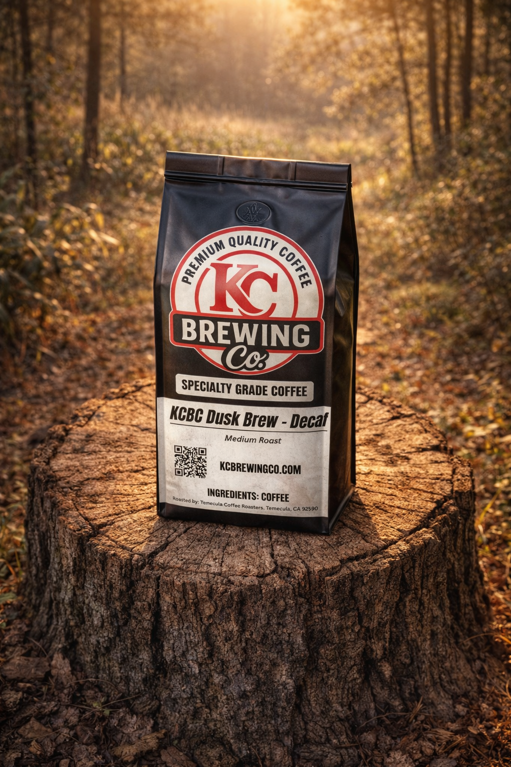 KC Brewing Co. coffee bag on a wooden stump with a forest background