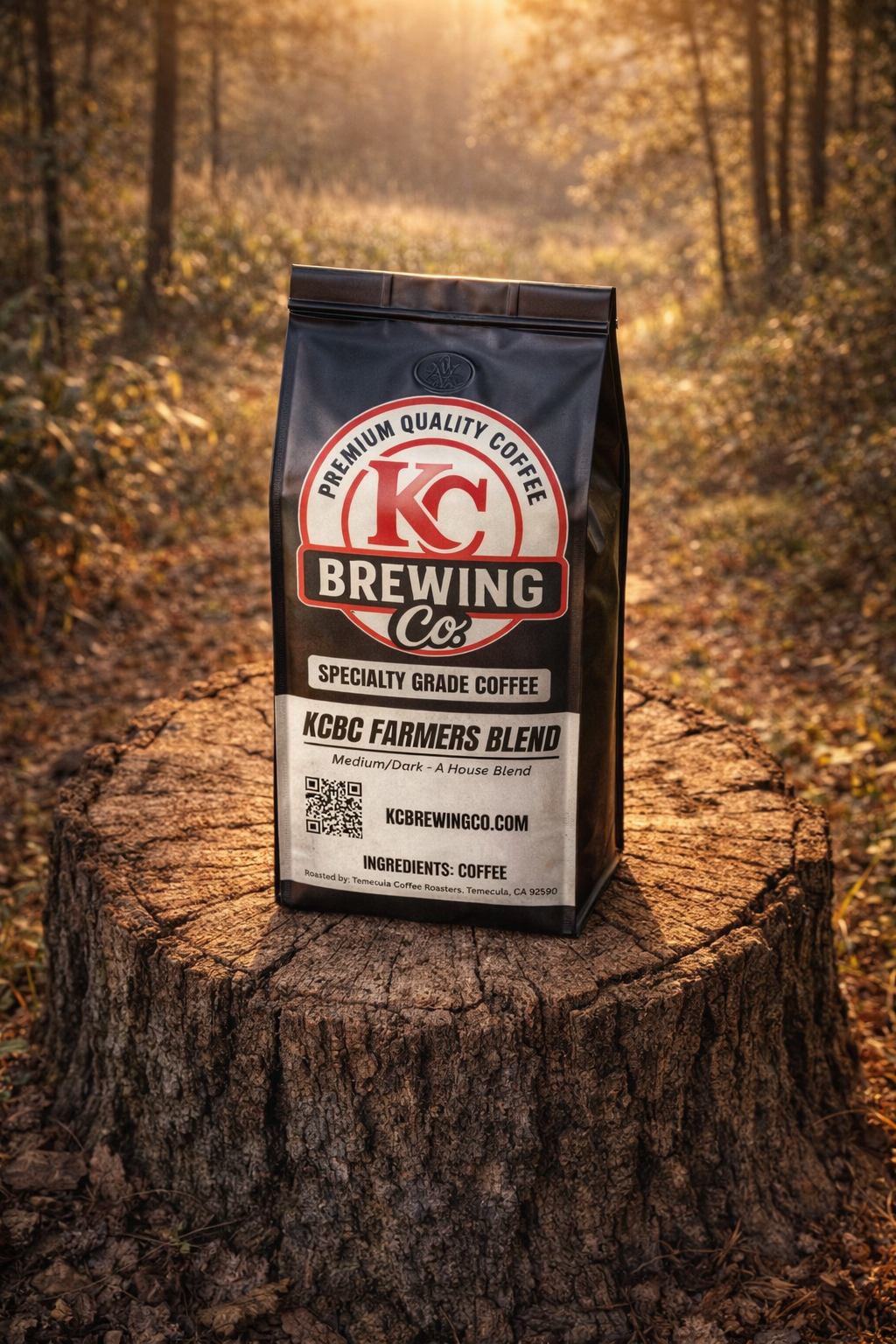 KC Brewing Co Farmers Blend coffee bag on tree stump in autumn forest, premium specialty grade medium dark roast