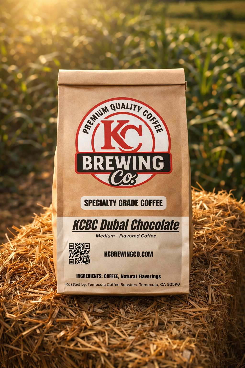 Bag of KC Brewing Co Dubai Chocolate flavored coffee on straw bale in a sunlit field