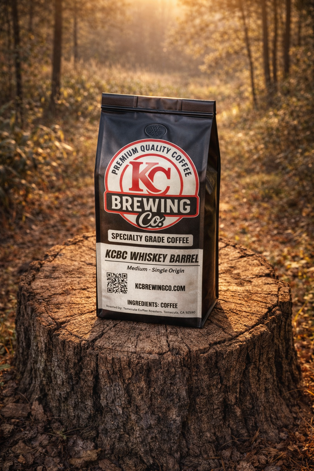 KC Brewing Co KCBC Whiskey Barrel specialty grade coffee bag on tree stump in autumn forest